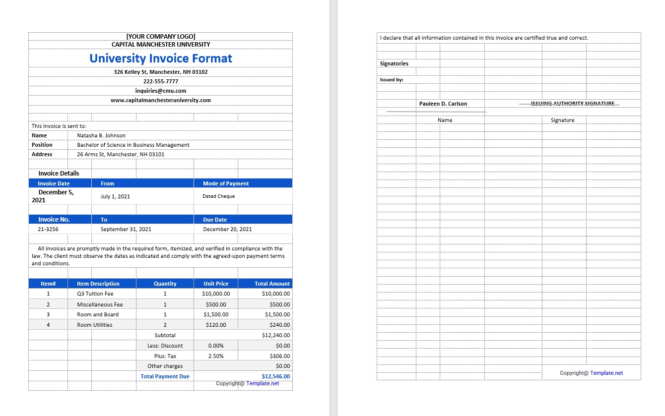 Sample University Invoice Template PSD template